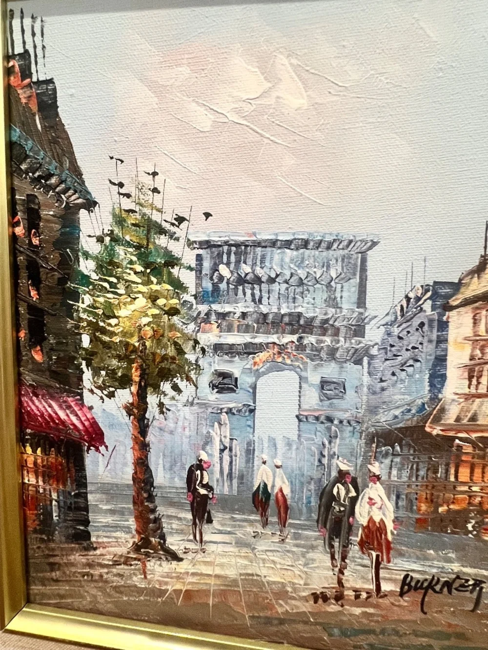 Vintage Oil Painting Parisian Street Gold Tone Ornate Frame 13" x 15" - Picture 6 of 14